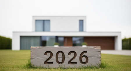 A wooden block with the year 2026 carved into it stands on a lawn in front of a modern house.の素材