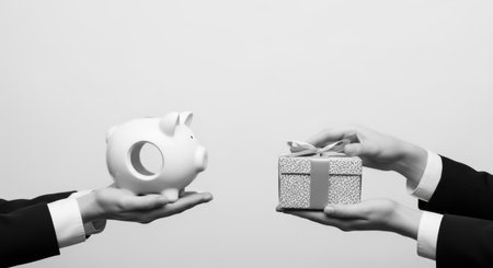 Softly lit black and white image showing hands exchanging a piggy bank and a gift box.の素材