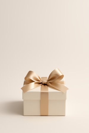 A luxurious cream-colored gift box with a golden ribbon and bow sits centered on a soft beige background.の素材