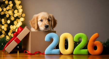 A golden retriever puppy peeks from a gift box with colorful 2026 numbers and warm bokeh lights in the background.の素材