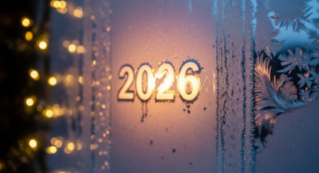 The year 2026 glows brightly through a frosty window adorned with delicate ice patterns and warm bokeh lights.の素材