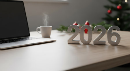 A festive desk scene with a laptop, steaming coffee, and 2026 numbers amidst holiday decorations.の素材