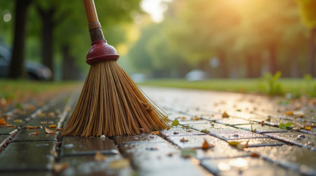 Sweeping autumn leaves on a wet brick path with a broom at golden hour.の素材