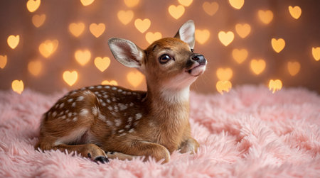 Adorable baby deer (fawn) lying on a soft pink blanket with heart-shaped bokeh lights in the background.の素材