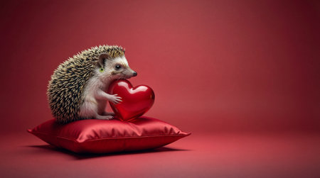 Adorable hedgehog holds a red heart on a satin pillow against a vibrant red background.の素材