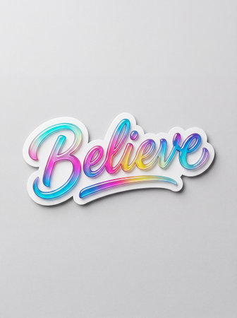 Believe word in vibrant gradient script font on light background.の素材