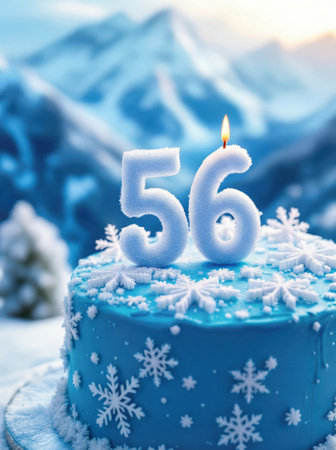 Blue birthday cake with white snowflakes and number 56 candle in a snowy mountain landscape.の素材