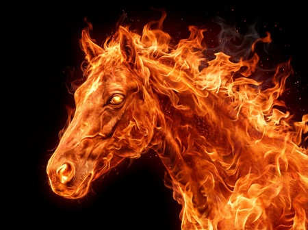 Fiery horse head with intense glowing eyes against a dramatic dark background.の素材