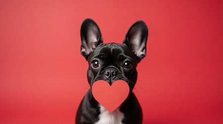 Cute black French bulldog puppy holding a red heart in its mouth against a vibrant red background.の素材