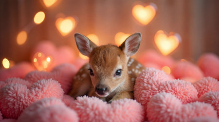 Sweet baby fawn nestled among soft pink heart-shaped pillows with glowing bokeh lights in the background.の素材