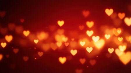 Abstract background with glowing heart-shaped bokeh lights.の素材