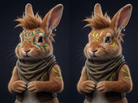 Anthropomorphic rabbit character with green face paint, spiky hair, and ear piercing.の素材