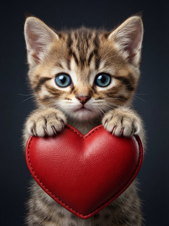 Cute tabby kitten with blue eyes holding a vibrant red heart, symbolizing love and affection.の素材