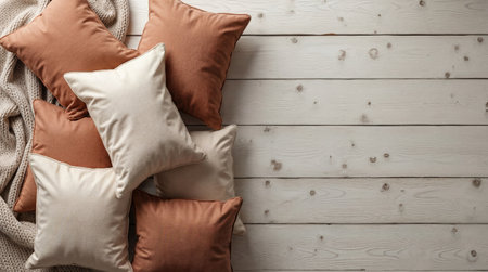Cozy throw pillows and a knitted blanket on a rustic white wooden background with copy space.の素材