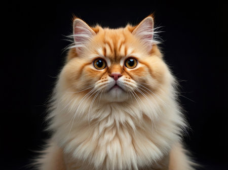 Close-up portrait of a fluffy orange and cream cat with golden eyes looking directly at the camera on a black background.の素材