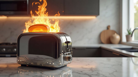 A toaster catching fire in a modern kitchen with burning toast.の素材