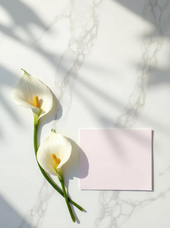 Two white calla lilies and a blank pink card on a marble background with leaf shadows.の素材