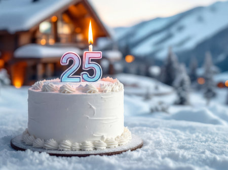 Birthday cake with a lit number 25 candle in a snowy winter landscape with a cozy cabin and mountains in the background.の素材
