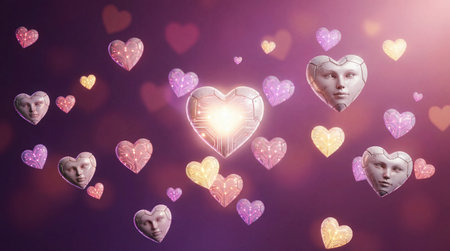 Floating artificial intelligence hearts with humanoid faces and glowing circuit patterns, representing digital love, technology, and emotional connection in a futuristic digital realm.の素材