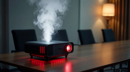 Overheating projector emitting a large amount of smoke and glowing red on a conference room table, signaling a serious malfunction or fire hazard.の素材