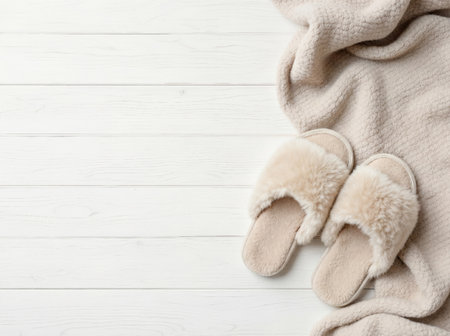Cozy beige fluffy slippers and a warm blanket on a white wooden background, top view.の素材