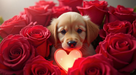 Adorable golden retriever puppy in a bouquet of red roses holding a glowing heart, a perfect symbol of love and affection.の素材