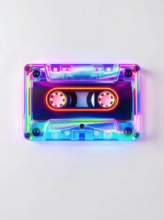 Vibrant neon glowing cassette tape on white background with iridescent light effects, a fusion of retro and futuristic design.の素材