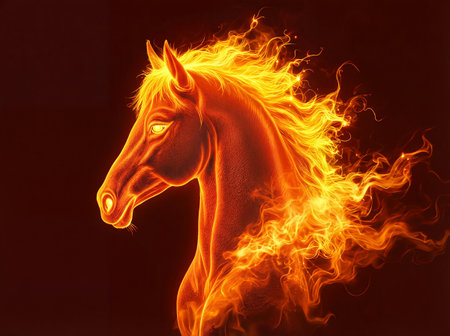 Majestic fire horse illustration with glowing mane and eyes.の素材