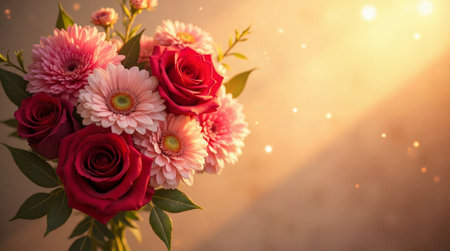 Beautiful bouquet of red roses and pink gerbera daisies bathed in warm golden light with delicate bokeh effect.の素材