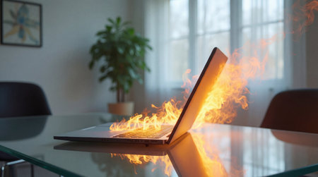 Laptop on fire sitting on a glass table in a home office, symbolizing technology failure, overheating, or a dangerous malfunction.の素材