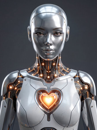 Futuristic female robot with a glowing heart representing artificial intelligence and emotion.の素材