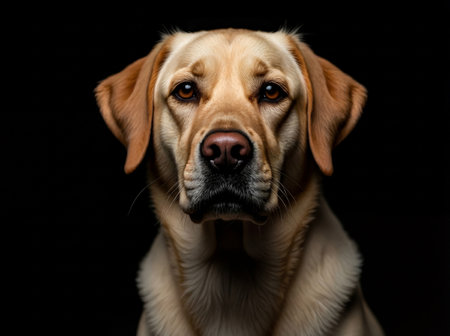 Close-up portrait of a golden Labrador Retriever dog looking directly at the camera on a black background.の素材