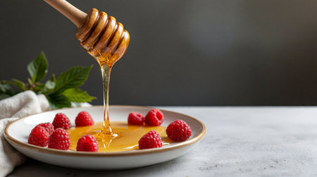 Honey pouring from a dipper onto a plate with fresh raspberries, against a dark background.の素材
