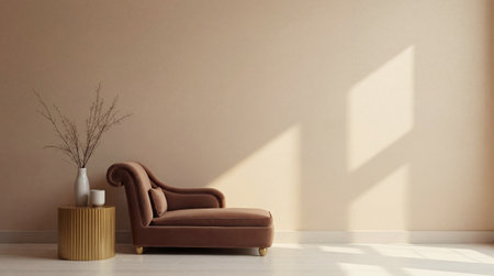 A minimalist living room with a brown velvet chaise lounge and golden side table.の素材