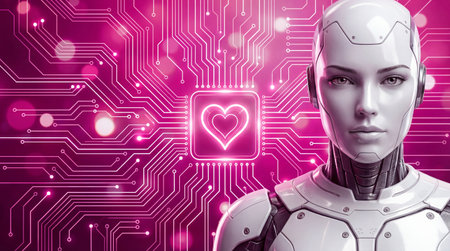 Female robot with glowing heart circuit board background symbolizing artificial intelligence and emotional connection.の素材