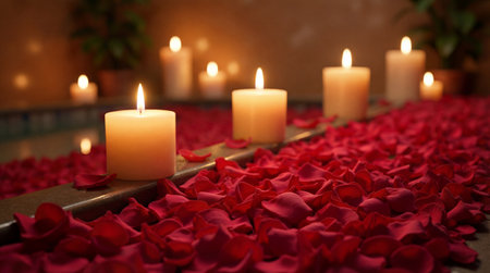 Romantic ambiance with lit candles and red rose petals creating a serene and intimate setting for relaxation or a special occasion.の素材