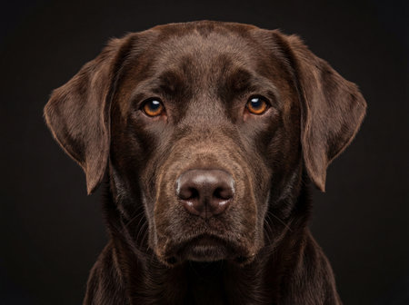 Close-up portrait of a chocolate labrador retriever looking directly at the camera against a dark background.の素材