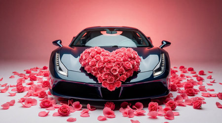 Luxury sports car with a heart-shaped bouquet of pink roses and scattered petals on a light floor with a pink background, symbolizing romance and love.の素材