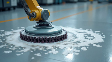 Close up of industrial floor cleaning machine scrubbing factory floor with foam.の素材