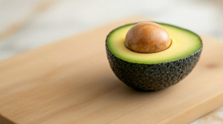 Half of an avocado with the pit still inside, resting on a wooden cutting board, close-up shot.の素材