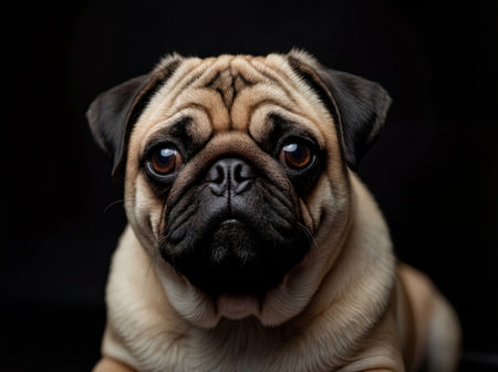 Close-up portrait of an adorable fawn pug dog with expressive eyes against a dark background.の素材