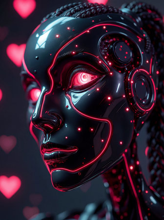 Futuristic robot head with glowing red eyes and intricate light patterns against a background of blurred red hearts, depicting artificial intelligence and emotion.の素材
