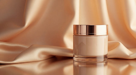 Luxury cosmetic cream in glass jar with rose gold lid on reflective surface with draped satin.の素材