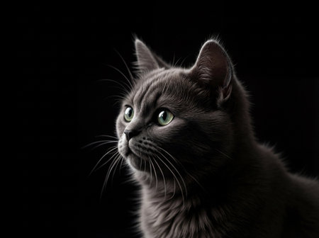 Close up portrait of a beautiful gray cat with striking green eyes against a dark background, looking up intently.の素材