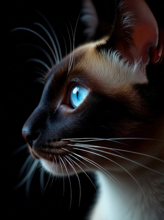 Close-up profile of a beautiful Siamese cat with piercing blue eyes and prominent whiskers against a dark background.の素材