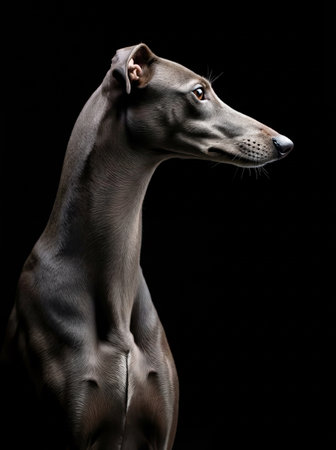 A majestic gray whippet dog with an elegant long neck in profile against a deep black background, showing its sleek and muscular physique.の素材