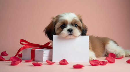 Adorable puppy holding a blank white sign next to a stack of gift cards tied with a red ribbon, surrounded by rose petals on a soft pink background.の素材