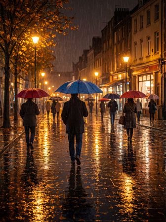 A rainy night on a city street with people walking under umbrellas.の素材