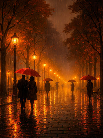 People with umbrellas walk on a wet street lined with glowing autumn trees in the rain.の素材