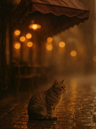 A tabby cat sits on a wet street under an awning during a rainy night with warm bokeh lights.の素材